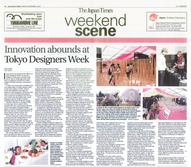 Japan Times: Innovation abounds at Tokyo Designers Week